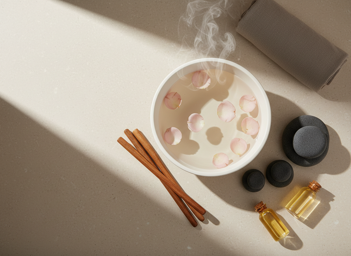 A top-down, photographic view of a carefully arranged spa flat lay on a smooth, light beige stone surface, with no human elements. In the center, a large, matte white ceramic bowl filled with warm water cradles floating pale pink rose petals. Around it, neatly aligned wooden sticks for Thai massage, a polished basalt hot stone set, and two small glass vials of essential oils sit alongside a folded linen cloth in a soft taupe shade. Gentle, natural daylight from one side creates soft shadows and subtle gradients in the textures of stone and fabric. The composition feels organized yet organic, with negative space preserved for a minimalist, sophisticated feel that reflects a high-end Rose Spa Doha brand image.