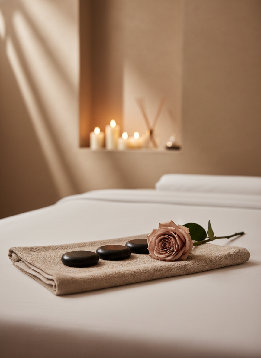 An intimate, photographic close-up of a neatly prepared Swedish massage setup, without people, on a plush massage table draped in perfectly smooth white sheets. In the foreground, three black basalt hot stones rest on a folded, ultra-soft beige towel, their surfaces slightly glossy as if gently warmed. Beside them, a single long-stemmed rose in a muted blush tone lies diagonally, its petals velvety and detailed. The background reveals a softly blurred glimpse of a contemporary spa room in Doha, with sand-colored walls and a hint of an illuminated niche displaying candles and diffusers. Warm, directional lighting from the side creates a serene glow and delicate shadows, emphasizing textures. The mood is tranquil, indulgent, and refined, with a shallow depth of field for an elegant, website-hero-style composition.