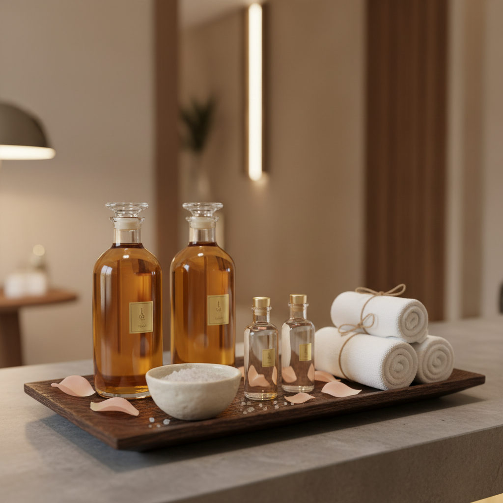 A close-up, photographic realistic scene of a dark wooden tray set on a polished stone counter in a Doha spa, with no people. The tray holds elegant glass bottles of massage oils in amber and clear tones, each with minimalist gold labels, alongside neatly rolled white cotton towels tied with thin natural twine. Fresh rose petals in soft blush tones are scattered artfully around, and a small ceramic bowl of coarse sea salt adds texture. Warm, diffused light from an off-frame lamp creates subtle reflections on the glass and highlights the oil’s viscosity. The background is softly blurred, hinting at a sophisticated, modern spa interior in neutral beige and sand hues. The mood is serene, indulgent, and premium, framed using the rule of thirds for a balanced, inviting composition.